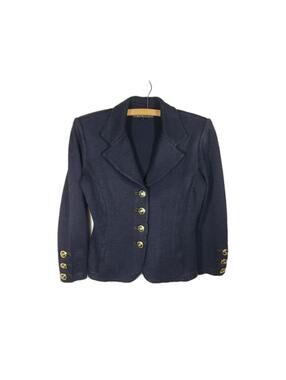 St John Knit Black Jacket Cropped Blazer Metal Buttons Silk Lined Collar USA 2